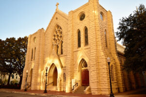 An exterior photo of Saint Patrick Cathedral in downtown Fort Worth.